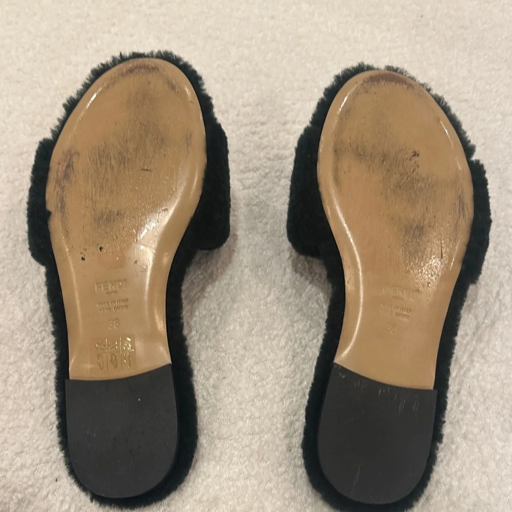 Fendi Verde Bosco (Dark Emerald Green)  Shearling Logo Slippers - Picture 3 of 4